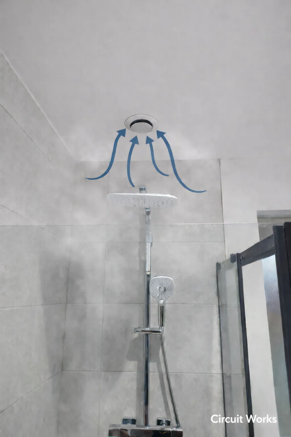 Bathroom ventilation showing extractor fan and airflow illustration